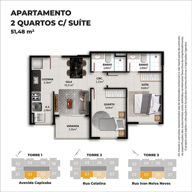 Planta de apartamento de 2 quartos com suíte do Vivenda Coqueiral