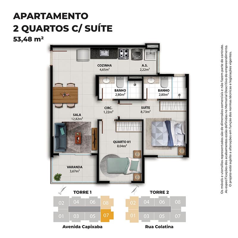 Terceira planta de apartamento de 2 quartos com suíte do Vivenda Coqueiral