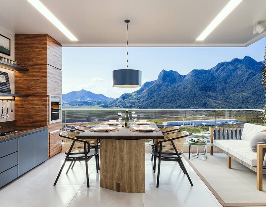 Varanda gourmet do Next Residence aberta para a paisagem