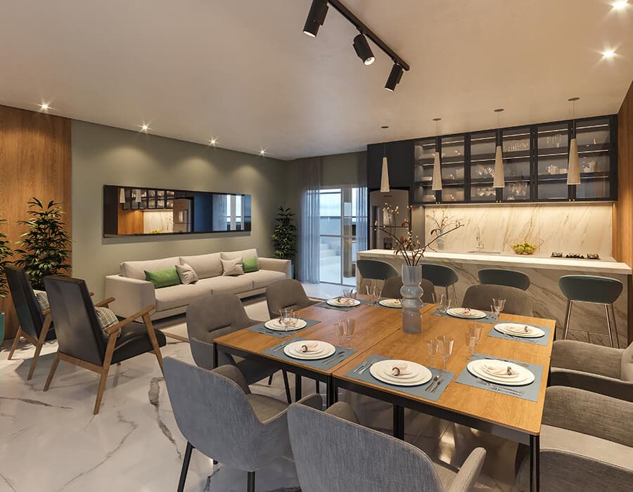 Espaço gourmet do Next Residence, com mesa grande e bar de apoio